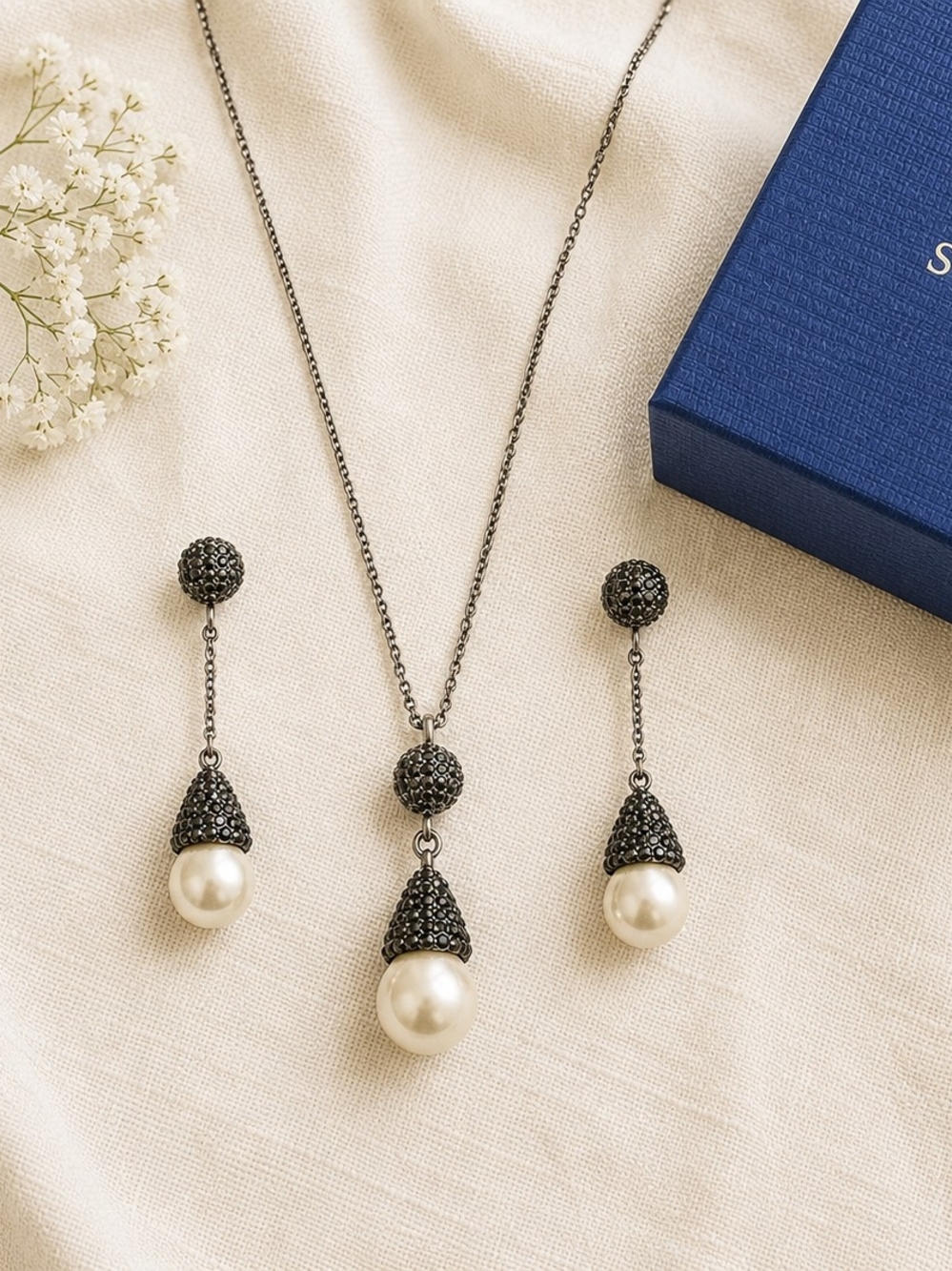 Swarovski Piano Necklace & Earrings Set Retired Pearl Crystal Original Box